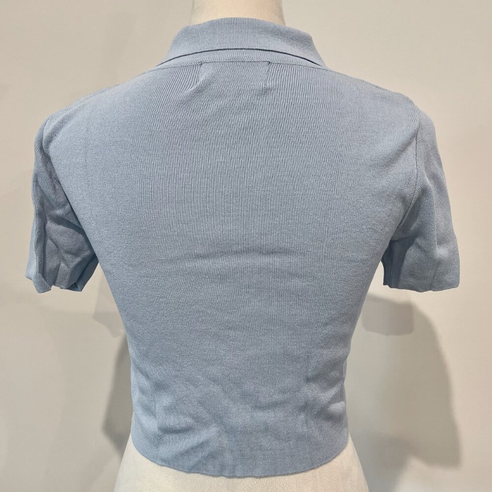 Cider Retro Pale Blue Collar Flowery Crop Embroidery Polo Top - Picture 5 of 10